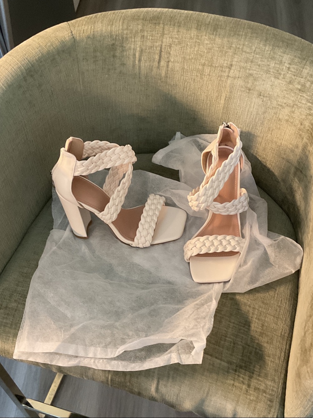 Braided Strap White Block Heel Sandals - Women